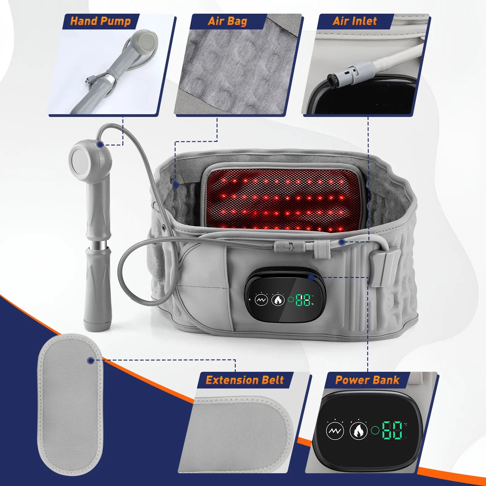 الأشعة تحت الحمراء التدفئة الخصر مدلك حزام كهربائي الاهتزاز USB تهمة الضوء الأحمر الساخن ضغط قطني دعم الظهر هدفين الاسترخاء