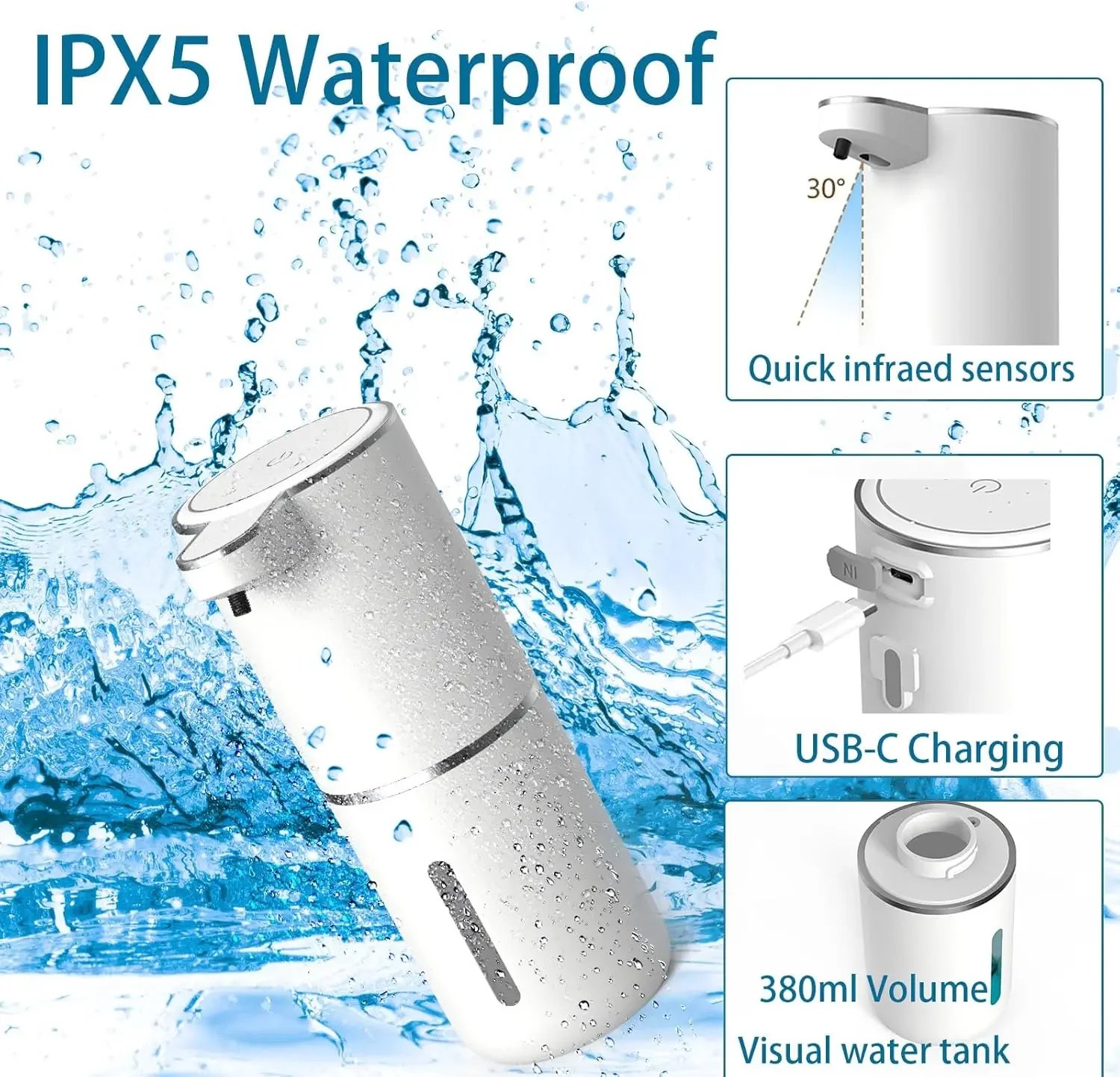 موزع صابون سائل/فوما أوتوماتيكي، موزع كهربائي بدون لمس، قابل لإعادة الشحن عبر USB مع مستشعر الأشعة تحت الحمراء للحمام والمطبخ