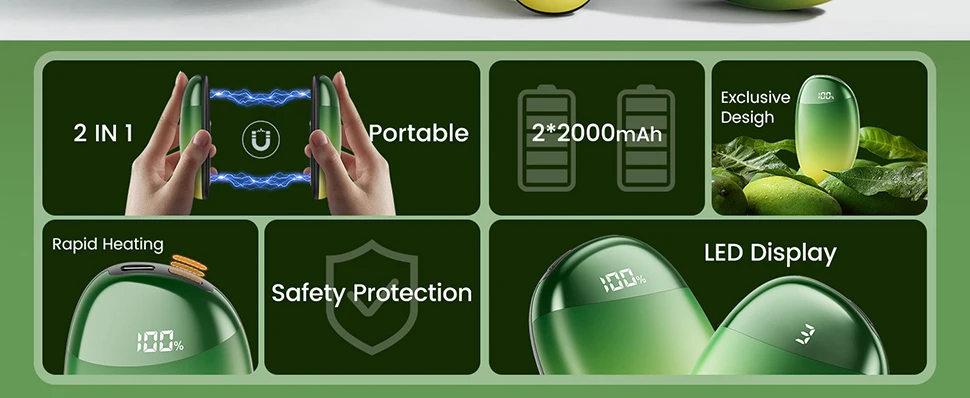 Portable Hand Warmers Rechargeable 2 Pack with Display Screen 2-in-1 Magnetic Electric Hand Warmers for Camping Christmas Gift